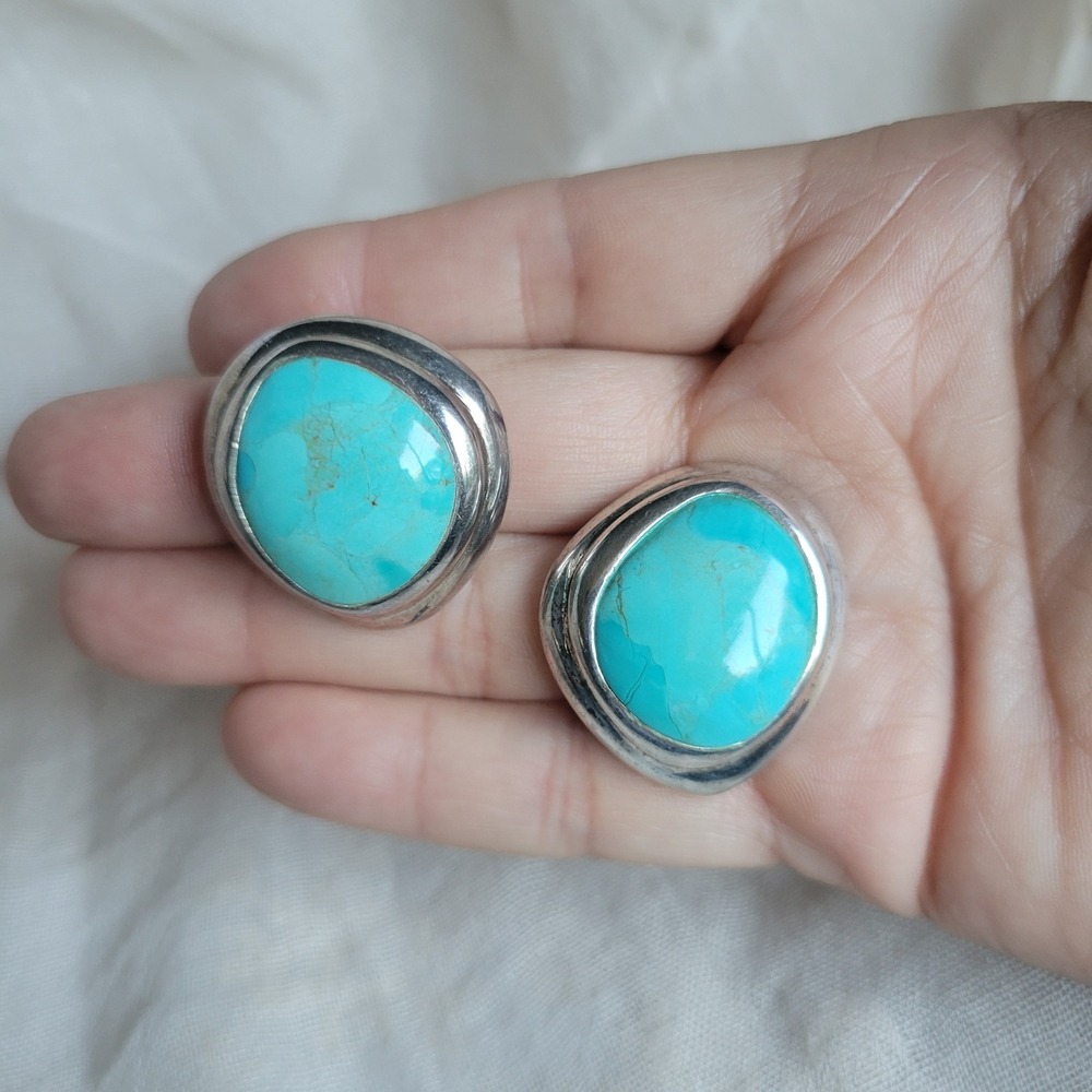 Barse Clip-on Earrings Turquoise Sterling Silver Chunky Statement Vtg 90s - Picture 2 of 9